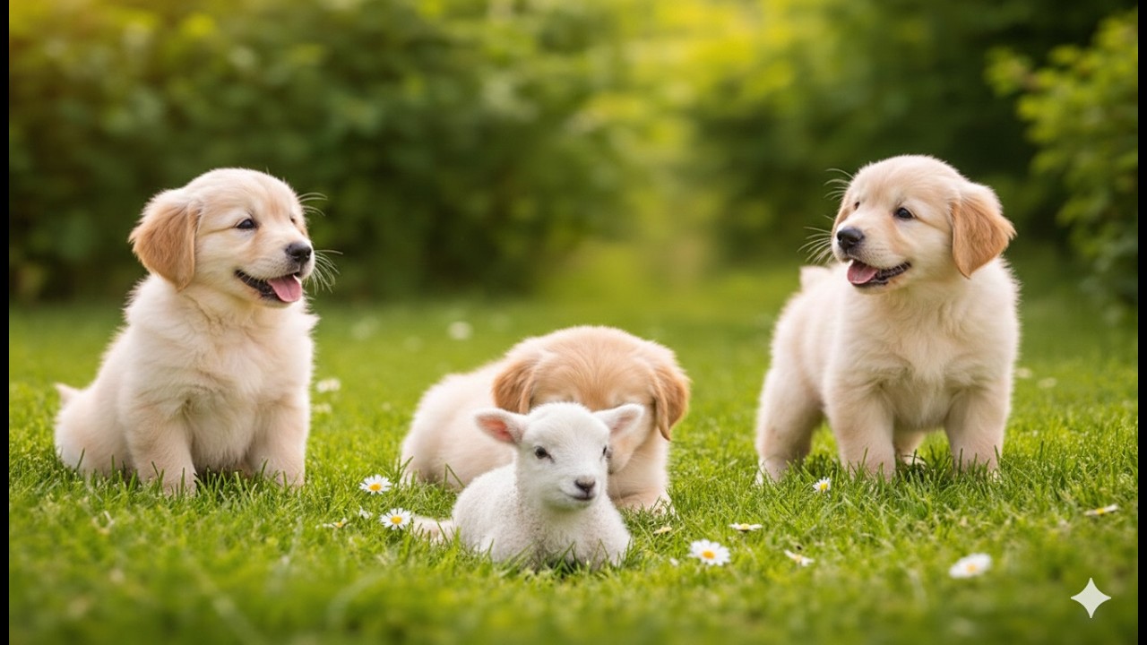 Adorable puppies chasing lambs on the grass - Dog barking sounds - Dog videos