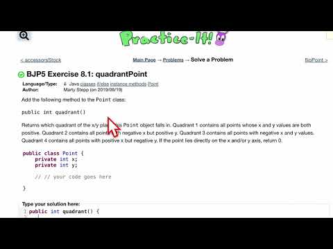 Java Practice It | Exercise 8.1 quadrantPoint | classes, encapsulation, instance methods