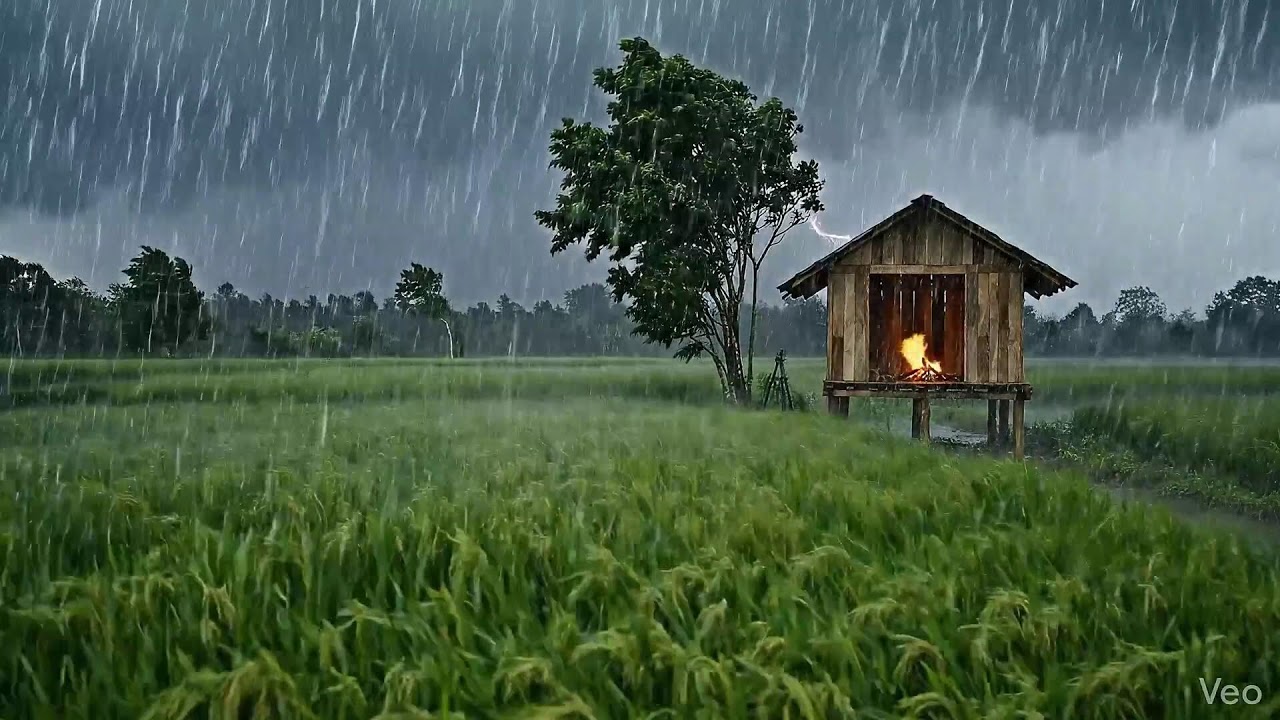 ASMR Heavy Rain & Wind 🌧️ Cozy Hut Fire | Soft Ambient Music for Sleep (1 Hour)