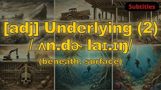 [adj] Underlying meaning (beneath, surface) with 5 examples