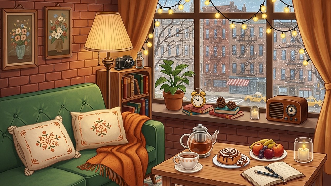 Cozy Rain on the Window in a New York City Apartment with Vintage Oldies Playing in Another Room