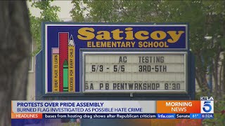 Protesters flock to North Hollywood elementary school ahead of Pride event