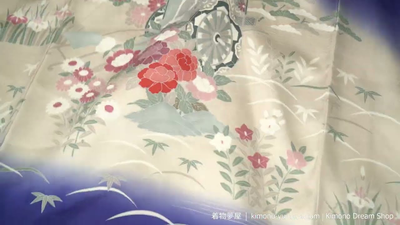 Hand-Painted Blue Women's Houmongi - Traditional Japanese Kimono - Batik Painting - Chrysanthemums