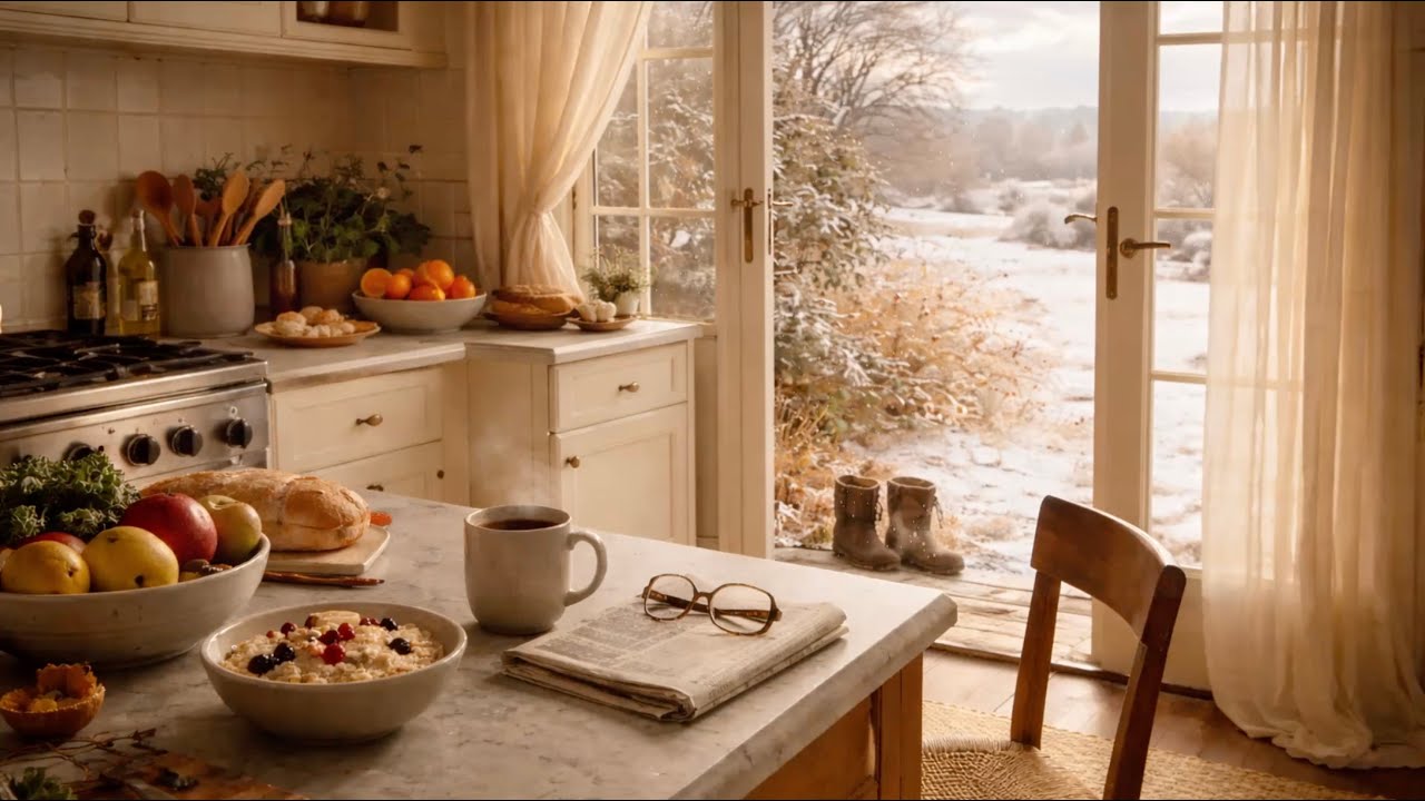 ❄️ Peaceful Winter Morning in the Kitchen | Cozy Cottage Garden, Soft Snow & Calm Ambience
