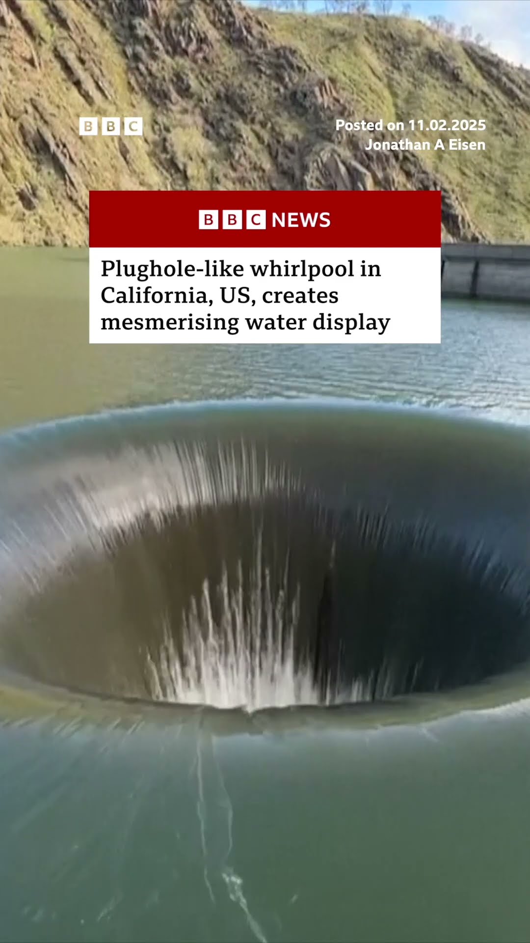 Plughole-like whirlpool in California, US, creates mesmerising water display. #US #BBCNews