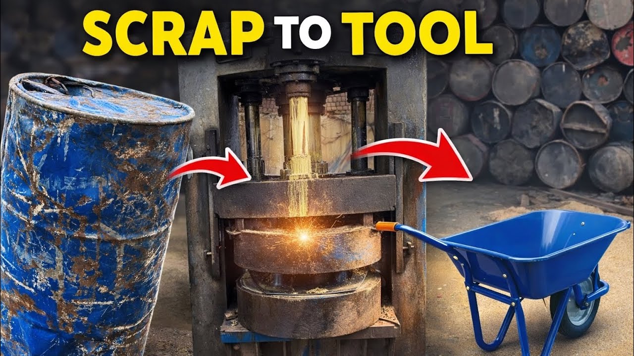 Hydraulic Press Turns a Drum into a Wheelbarrow - Satisfactory Process