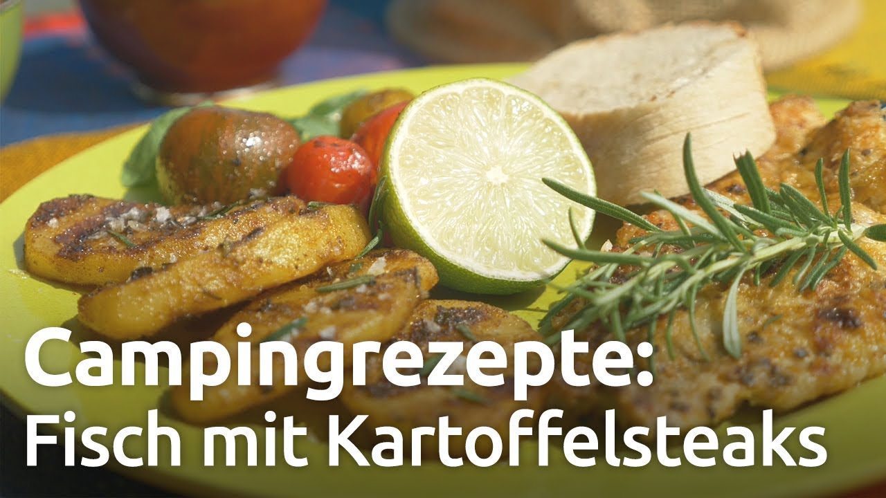 Camping-Grill-Rezept: Fisch mit würzigen Kartoffelsteaks und Cherrytomaten