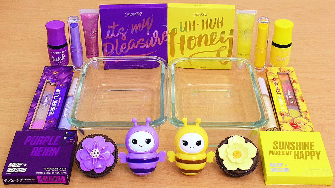 Purple vs Yellow - Mixing Makeup Eyeshadow Into Slime ASMR