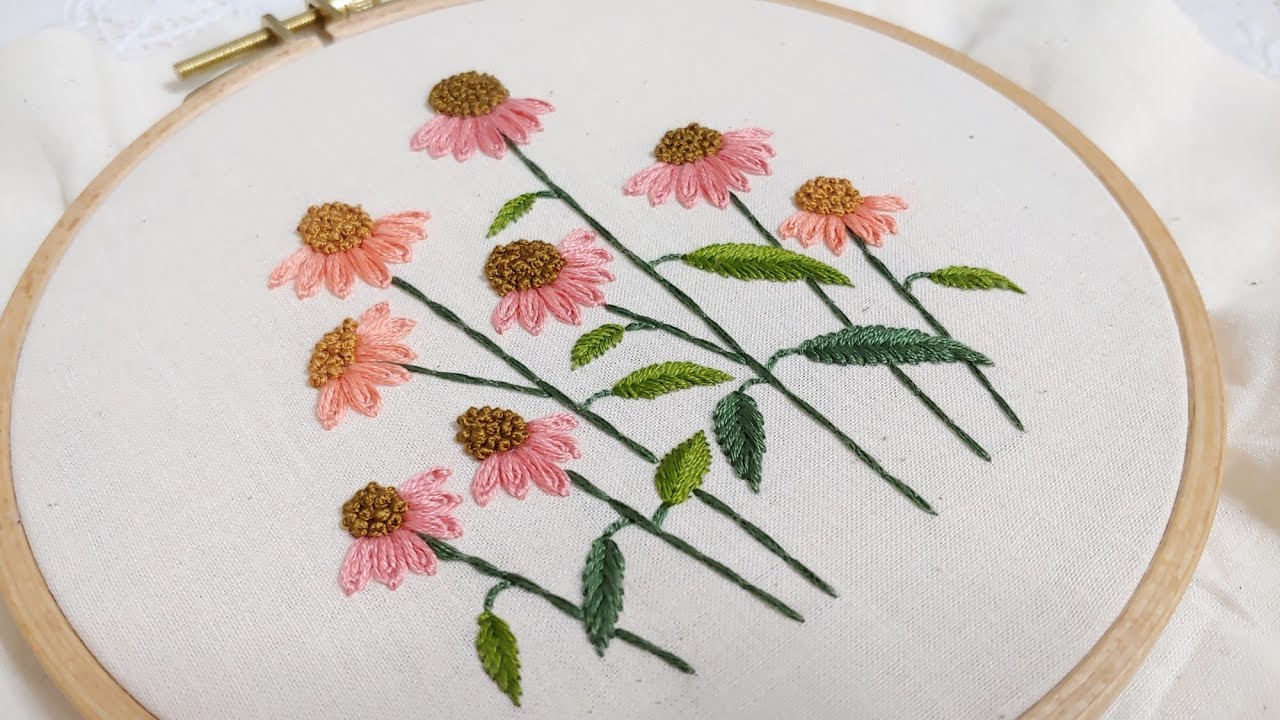 [프랑스 자수] 에키네시아 꽃자수 Echinacea Embroidery/더블레이지데이지 스티치/도안제공 free pattern/embroidery for beginners