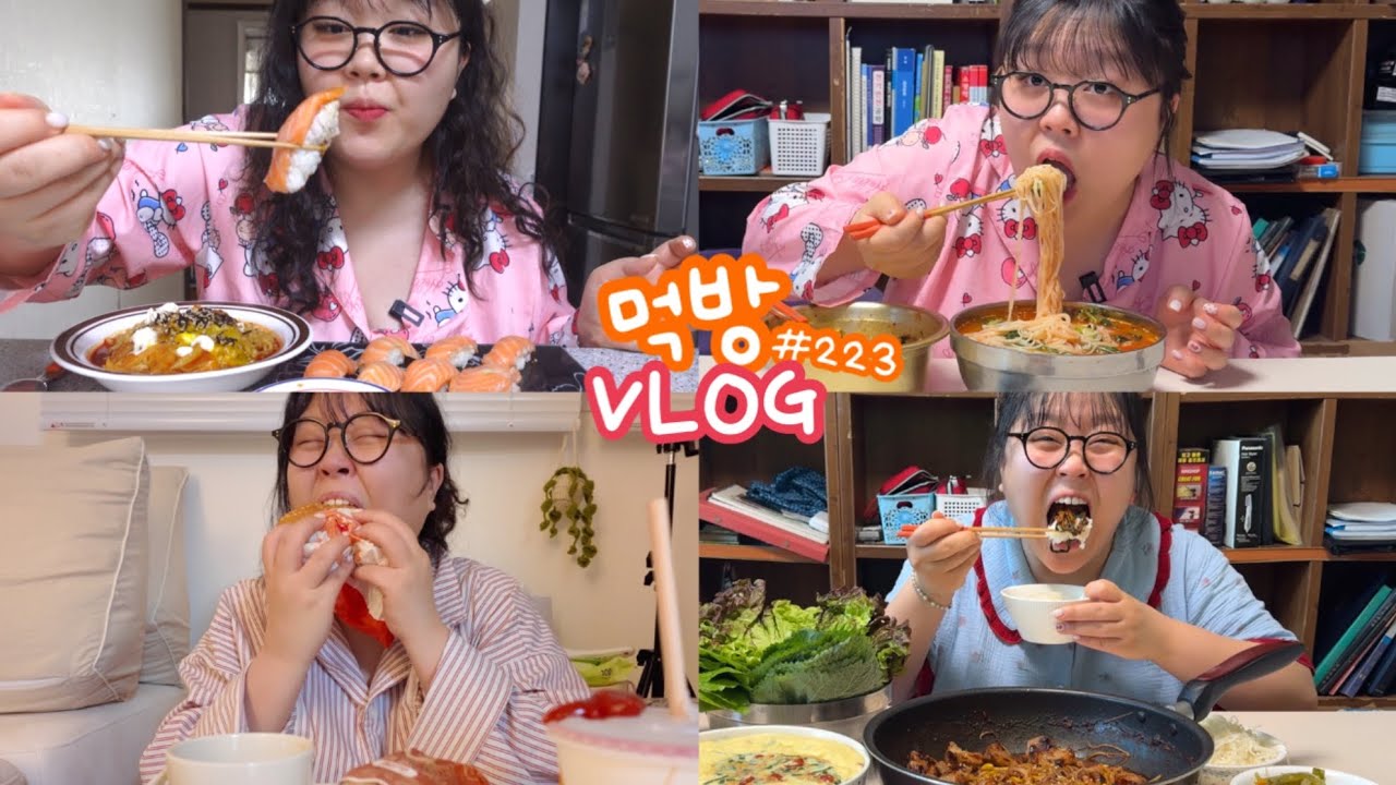 [먹방브이로그] 기분좋을때 란잔 슬플때 한잔 허ㅏ가날때 함잔 ʕ´･㉨ ~`ʔฅ ♡(육회냉면 크짬 핫뿌링클 매운짜장 치즈곱창 고등어회 불닭볶음면 연어초밥 쭈꾸미 열무국수 햄버거 )