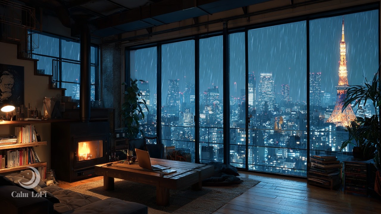 Rainy Tokyo Night Ambience 🌙 – Cozy Fireplace & City Lights／雨の東京ナイトアンビエンス 🌙｜暖炉と夜景に包まれる静かな時間