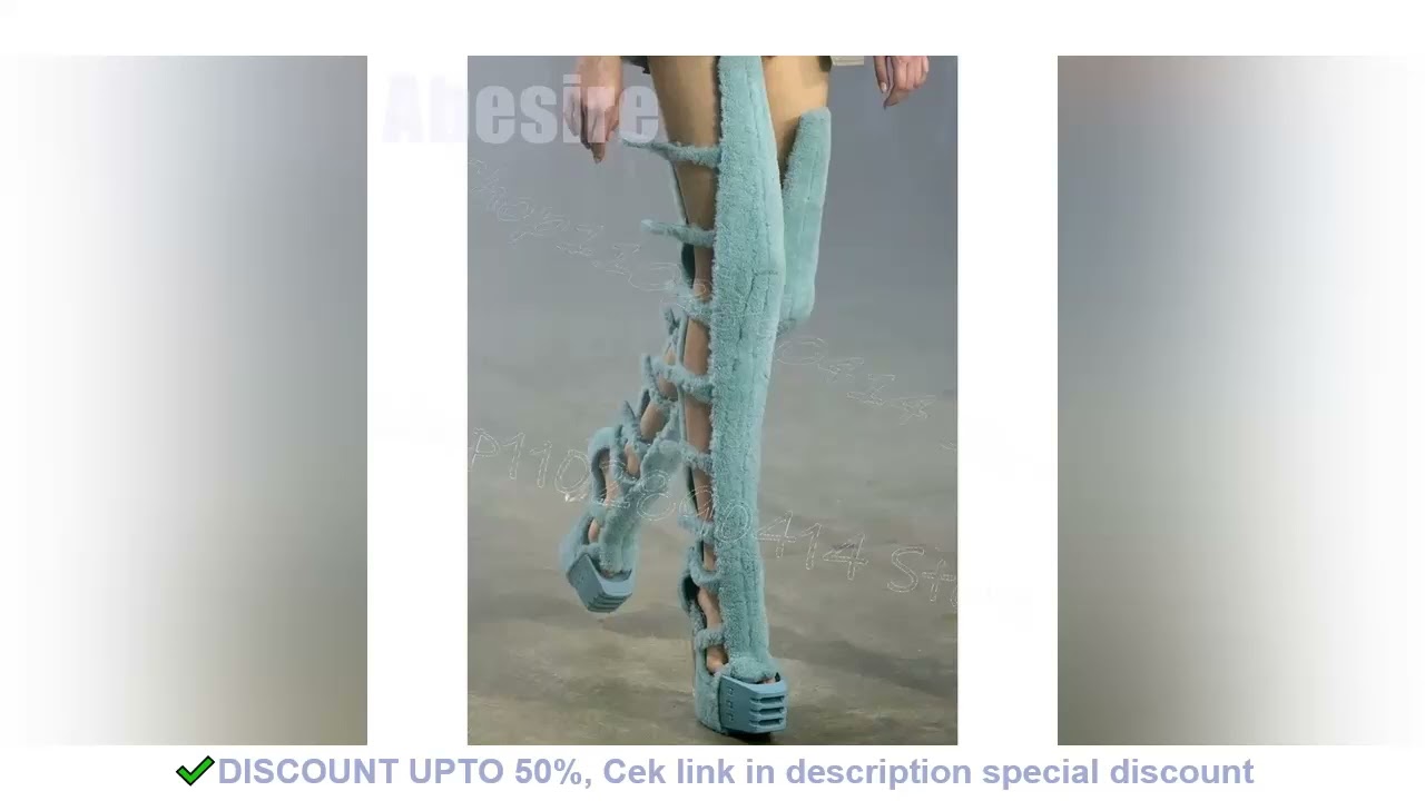 Lamb Wool Hollow Design Clear Heel Sandals Boots Back Zipper Women Shoes Chunky High Heels Party Run