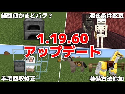 【マイクラ統合版1.19.60アップデート】ついに経験値かまどが…・羊毛回収修正・湧き条件変更・たき火・ビーコンとコンジットのエフェクト