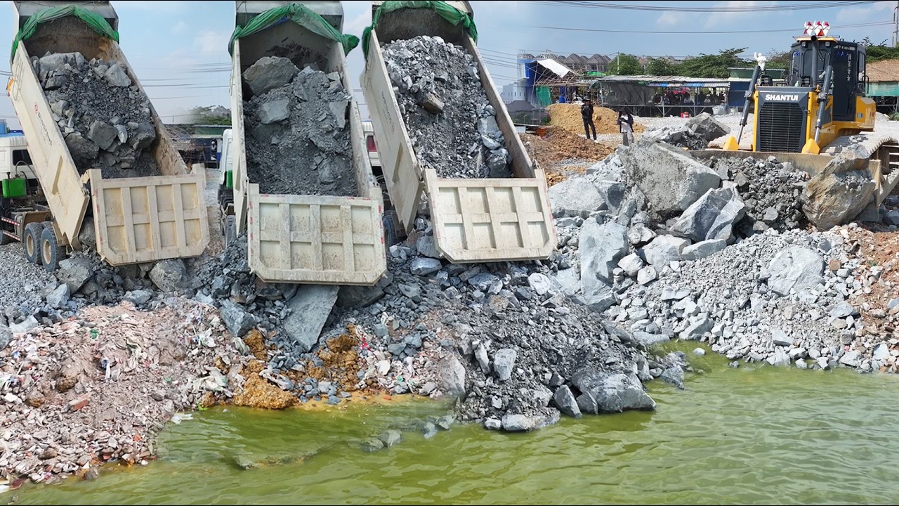Wonderful Bulldozer SHANTUI C3 Push Rock Into Water,DONGFENG Truck Unloading Rock Filling Lake