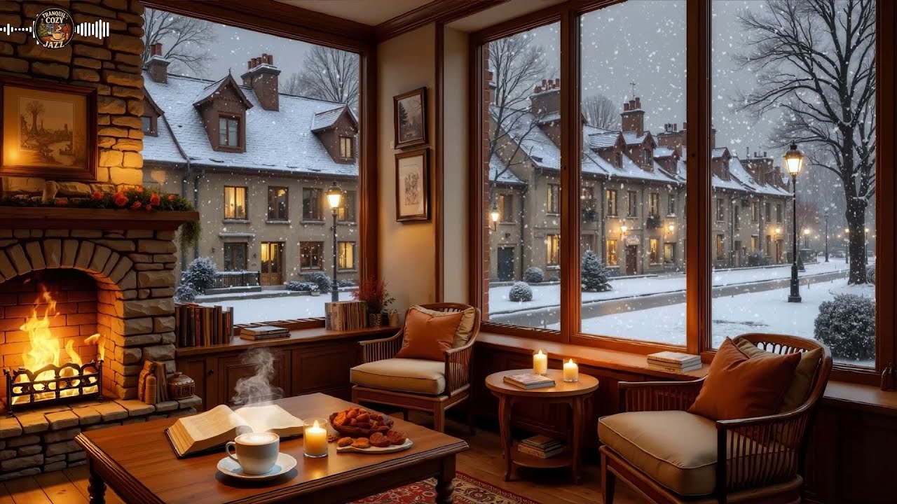Уютное зимнее кафе под снегом ❄️ Расслабляющая фортепианная джазовая музыка и камин для работы