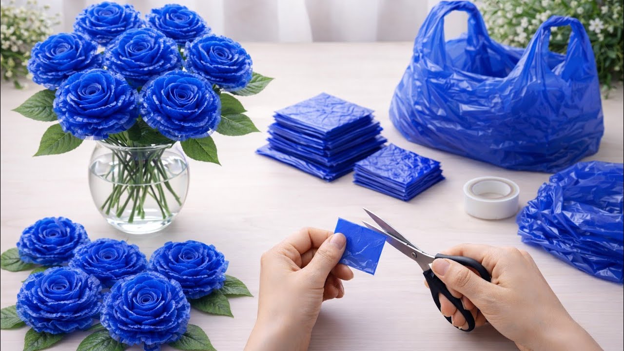 Как сделать букет из полиэтилена и пластиковой бутылки / Простой букет из полиэтиленового пакета ...