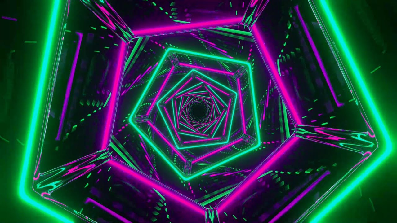 4K Заставка – Фиолетово-Бирюзовый Неоновый Пятиугольный Тоннель с Зеркальной Текстурой (Без Звука)