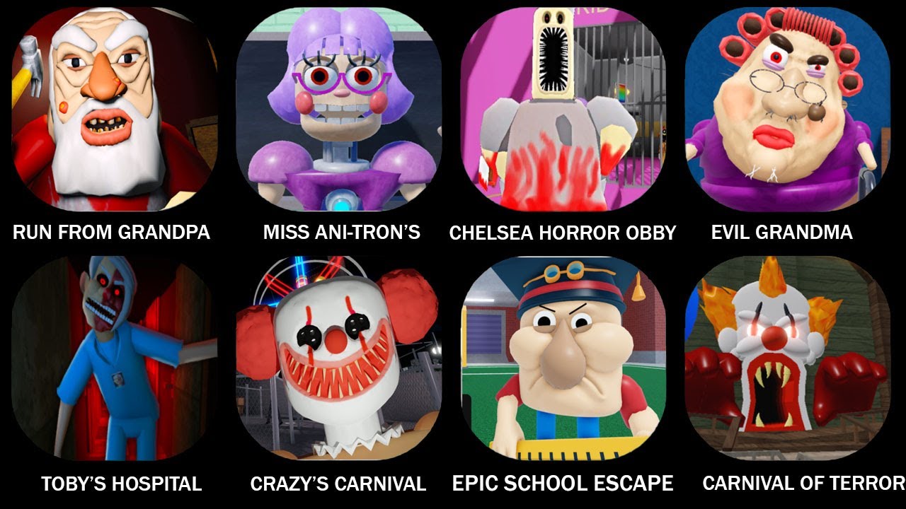 RUN FROM GRANDPA MISS ANI-TRON’S CHELSEA HORROR OBBY EVIL GRANDMA CRAZY’S CARNIVAL EPIC #roblox