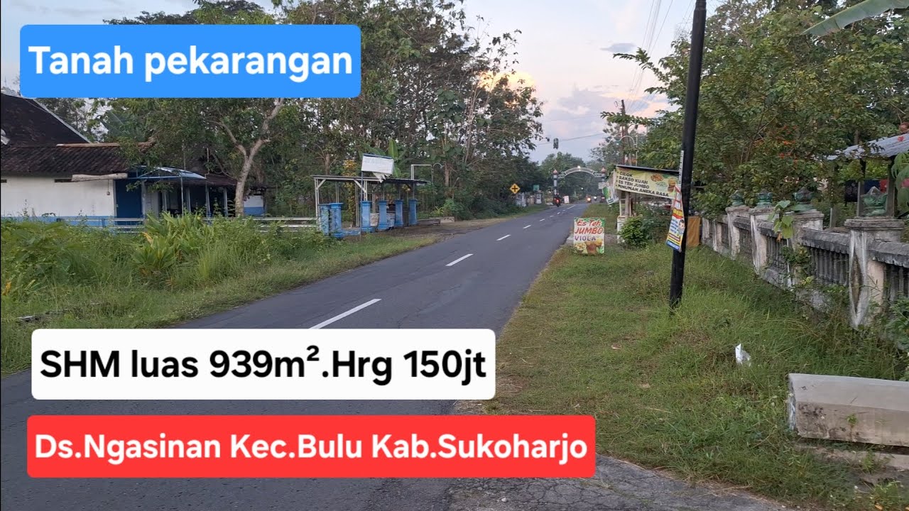 ❌️TERJUAL tanah pekarangan SHM luas 939m². Hrg 150jt.Lokasi Ds.Ngasinan Kec.Bulu Kab.Sukoharjo.