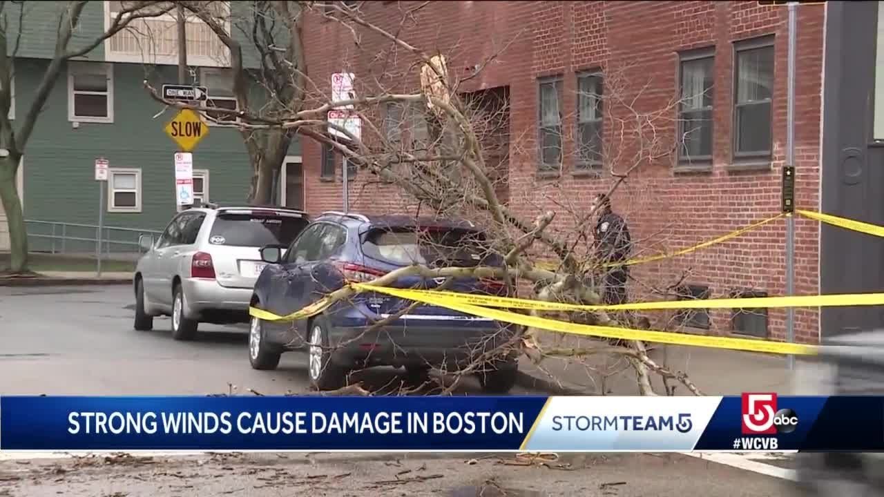 Strong winds cause damage in Boston - YouTube