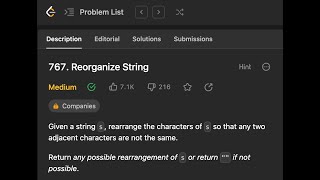 Leetcode 767. Reorganize String (Live Solving)