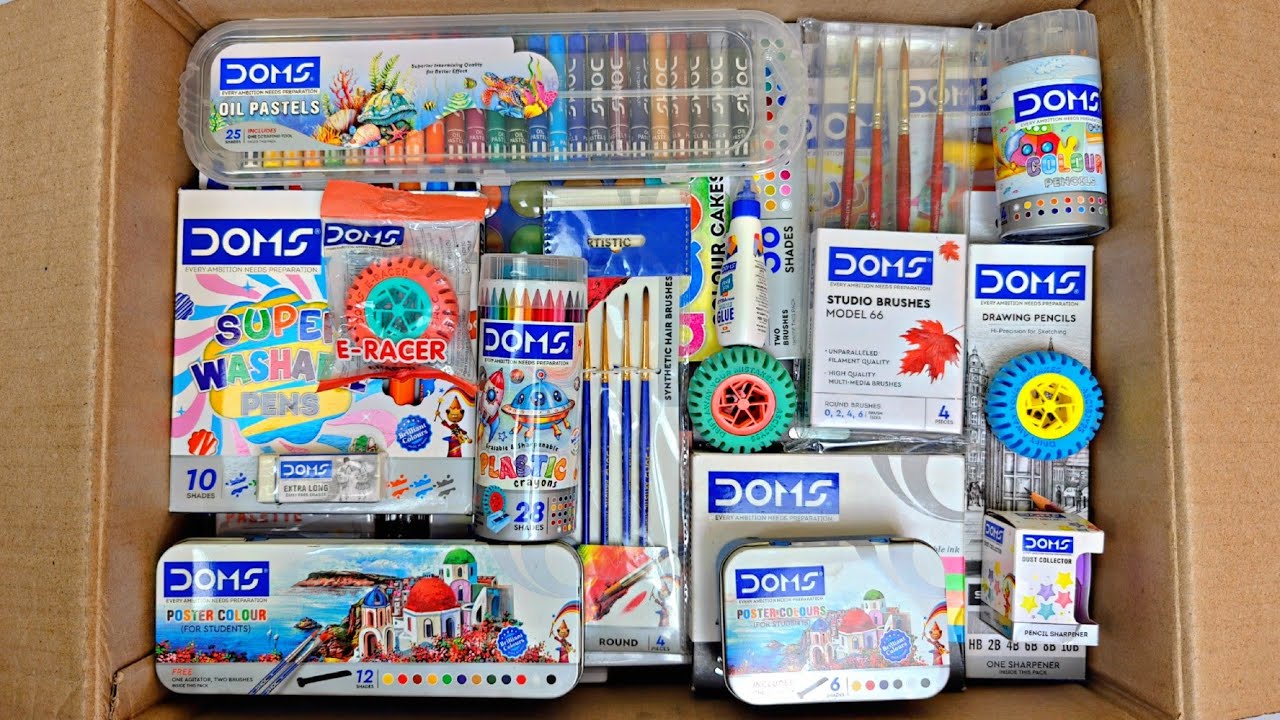 Unboxing DOMS Stationery, Modelling Dough, Pencil, Oil Pastel, Poster Colour, Eraser, Wax Crayons