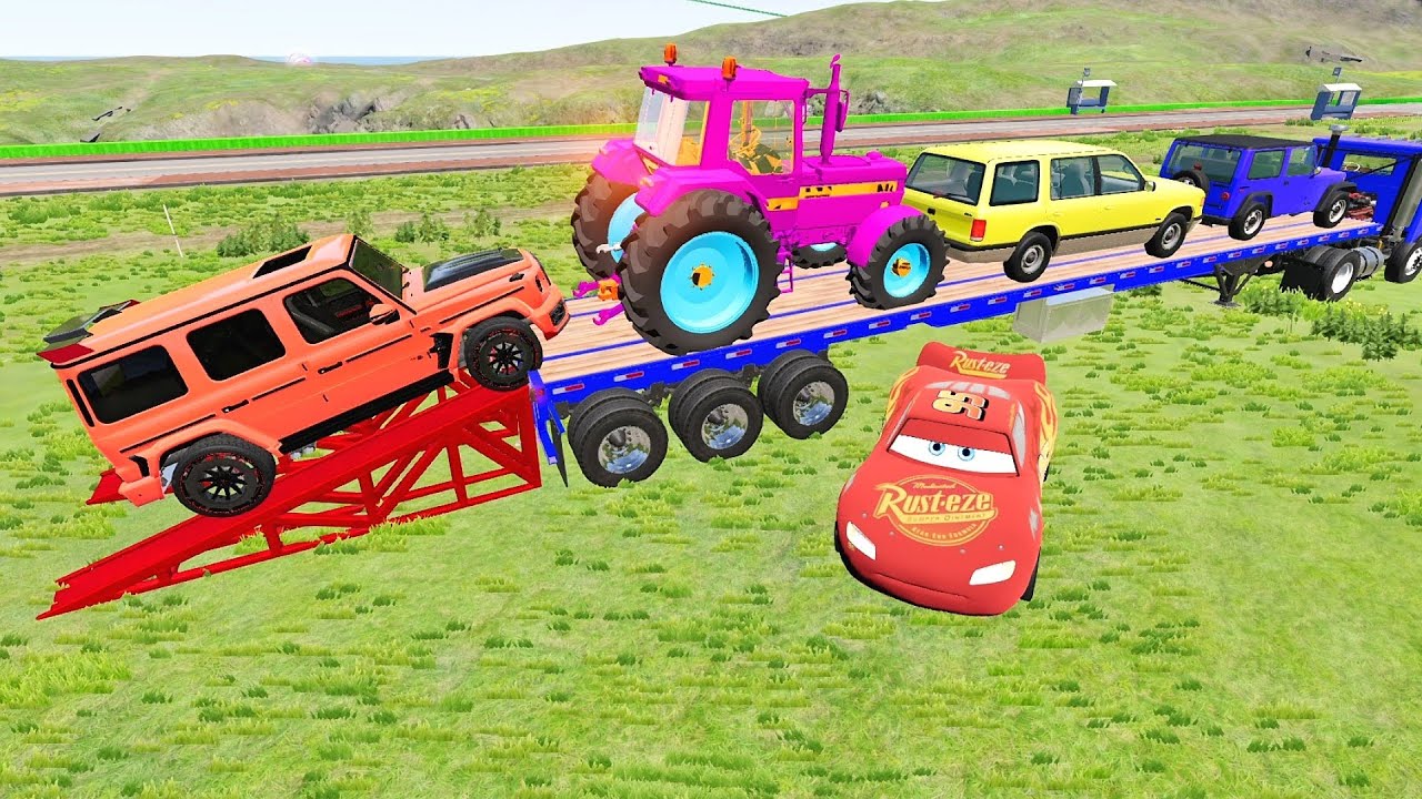 Flatbed Truck McQueen  Transportation with Truck   Pothole vs Car 