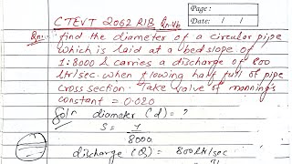 To Find The Diameter Of Pipe When Running Half Full #hydraulics #fluidmechanics #prashantyt #civil