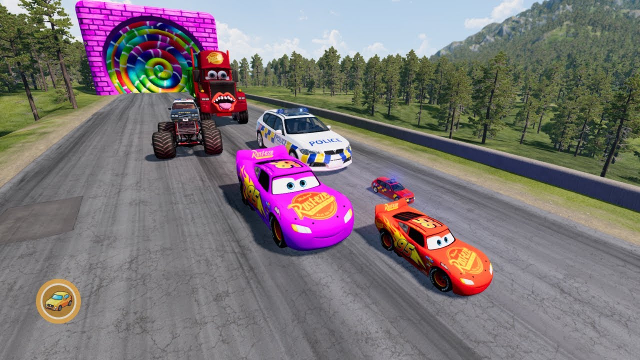 Big & Small McQueen vs Zombie Mack | Color Slide & Volcano Police Chase Downhill – BeamNG.drive