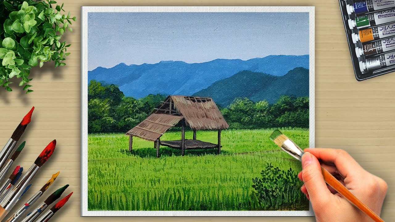 Watch Tower over Rice Fields Acrylic Painting / #84 Acrylic Art.