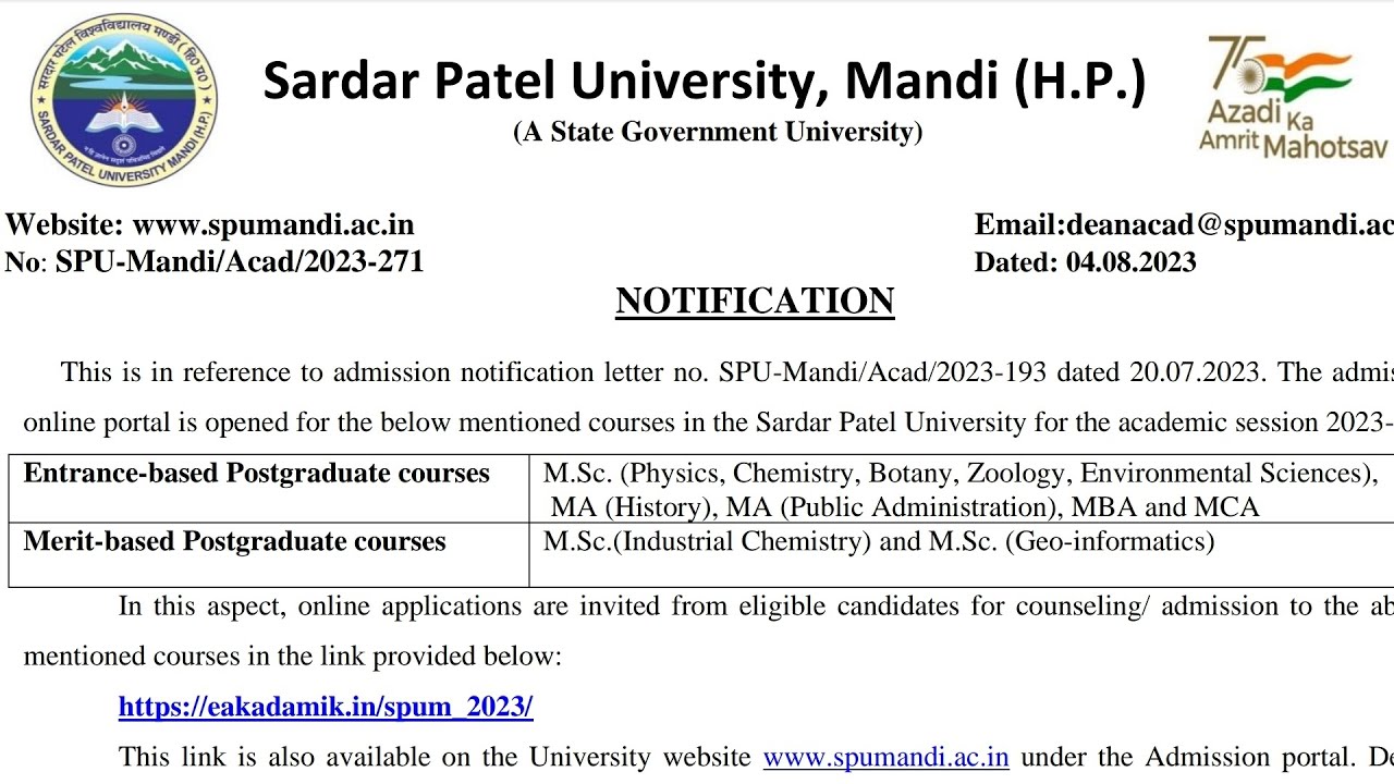 SPU MANDI PG ADMISSION NOTIFICATION 2023 || PG FORM LINK || LAST DATE ...
