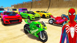 Spiderman Cars Multi Ramp Jump Challenge ! Superhero Hulk Bike Monster Truck Planes Stunts - Gta V