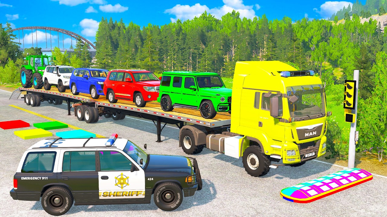 Flatbed Truck McQueen | Transportation with Truck SHERIF - Pothole vs Car #321 | BeamNG.Drive Game