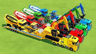 TRANSPORTING EXCAVATOR, MIXER TRUCK, BULLDOZER, POLICE CARS TO GARAGE WITH MAN TRUCK - FS22