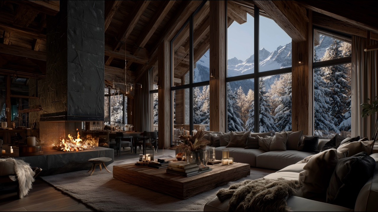 Luxury Mountain Cabin with Fireplace | Real Crackling Fire Sounds | 4K | 3 Hours