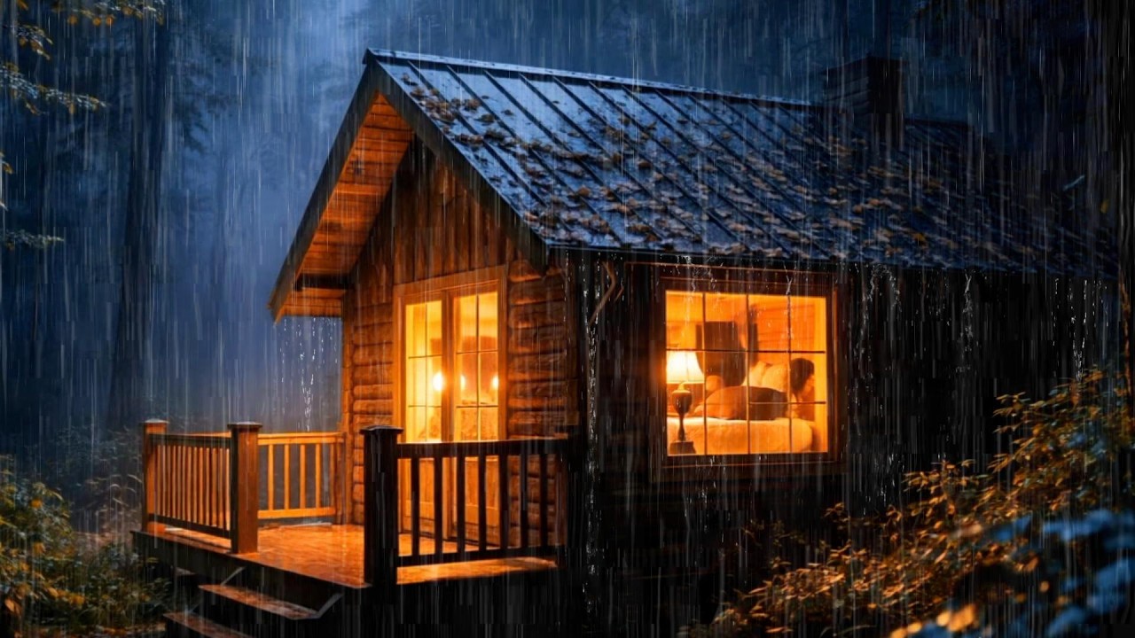 Night Rain at Cozy Cabin with Light Thunder 🌧️ ASMR Sleep & Relaxation ...