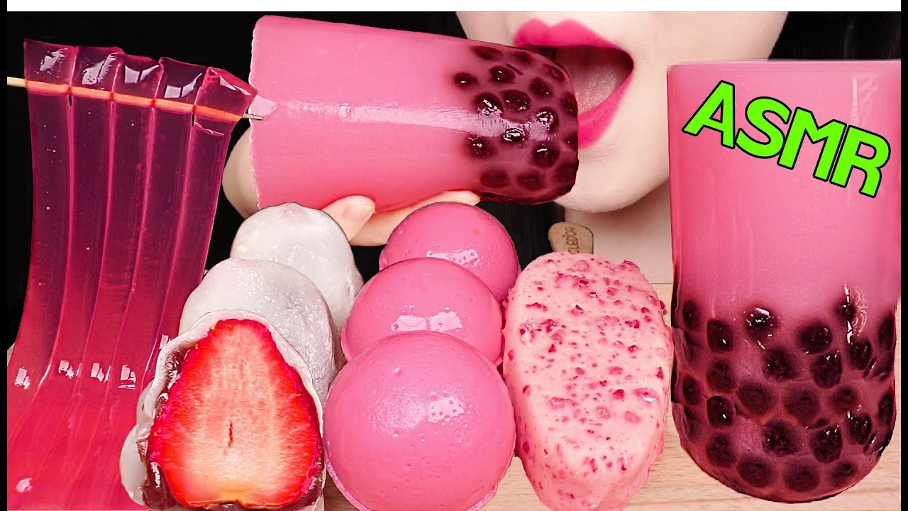 ASMR EDIBLE BUBBLE TEA BOTTLE JELLY, PINK PLANET GUMMY, JELLY NOODLES 핑크 지구젤리, 버블티 젤리 먹방