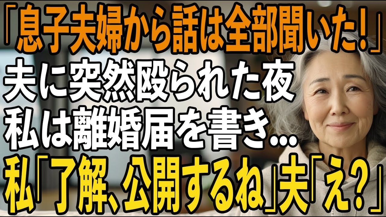 「息子夫婦から話は全て聞いた！」突然夫に怒鳴られ殴られた私。その夜、私は離婚届を書き、去り際に静かに一言「わかりました、映像の公開しますね」夫「え」実は【シニアライフ】【60代以上の方へ】