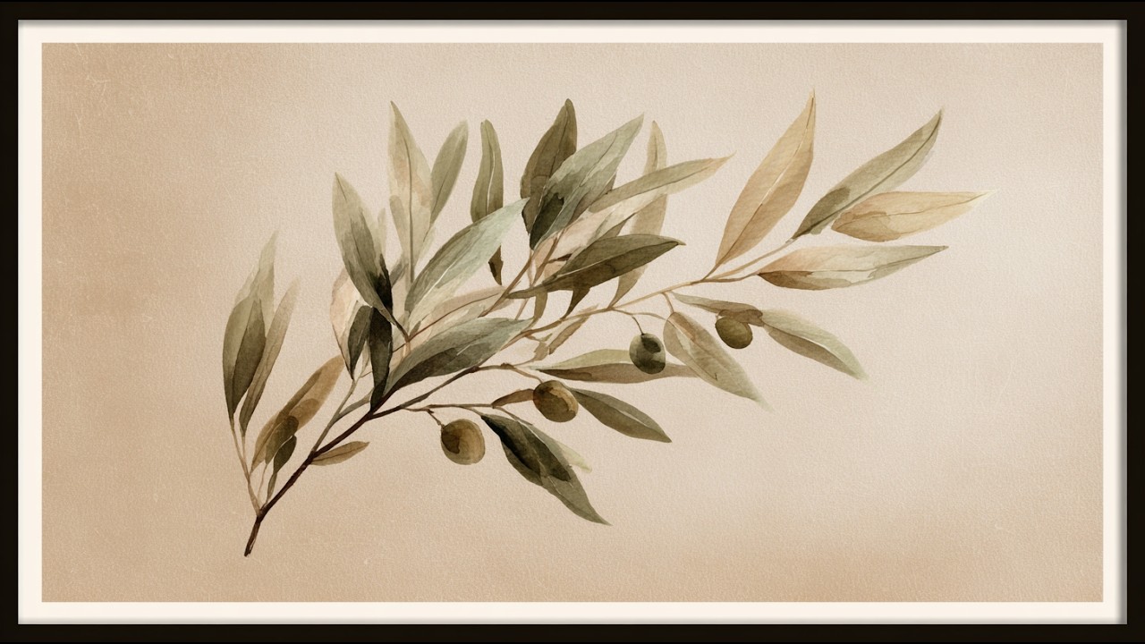 Minimalist Olive Branch Botanical Art | Framed Watercolor for TV | Neutral Aesthetic Wall Art 4K