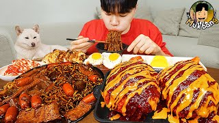 ASMR MUKBANG | Crunchy Cheese Pork Cutlet, black bean noodles, kimchi recipe ! eating