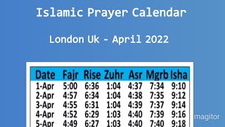 Islamic Prayer Timetable London UK - April 2022 | Salah Times London | Prayer Times London