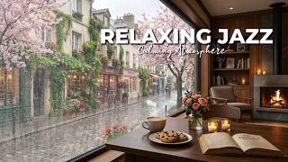 Gentle Rain &amp; Jazz Mood ☔ Fireplace Ambience for Relaxing &amp; Working