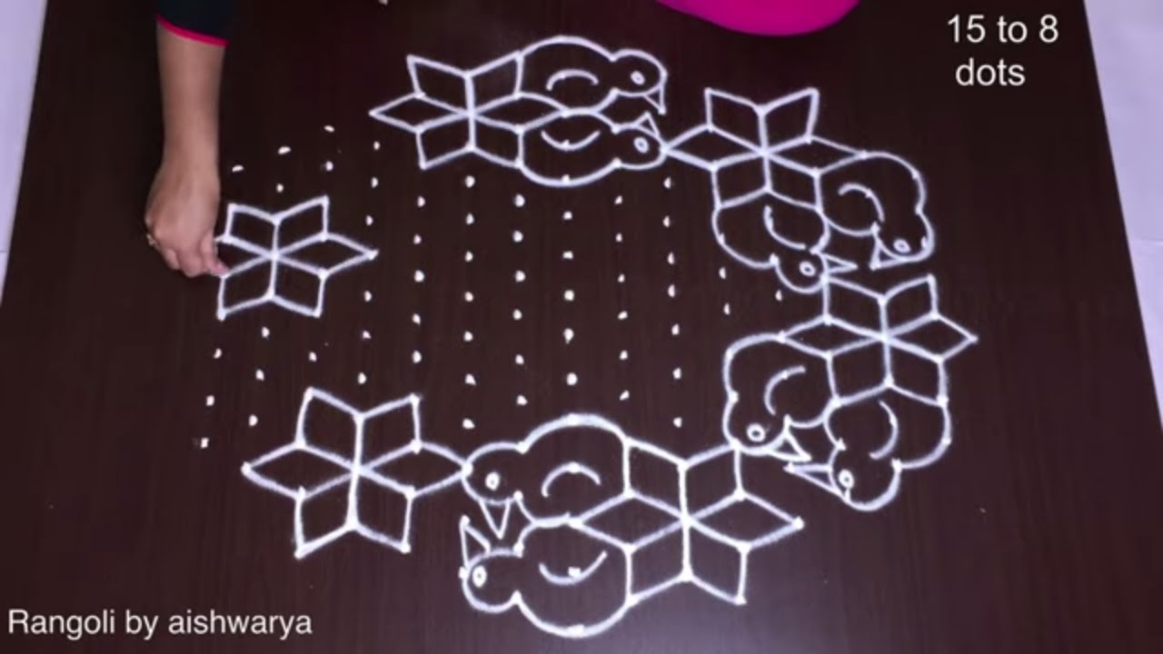 New creative art flower and birds rangoli designs | 15-8 Middle dots kolam mugglu newyear special