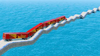 Too Much FUEL Trailers Mack Truck vs Impossible Wave Bridge Crossing Cars Vs Deep Water -BeamNGDrive