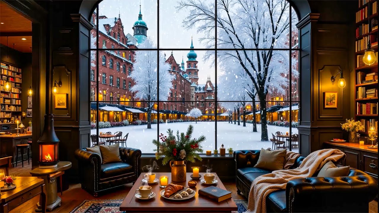 Cozy Instrumental Music ☕ Winter Crackling Fireplace & Morning Warm Coffee Shop Ambience for Work