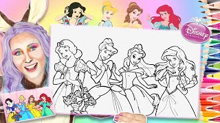 DISNEY Princesses colouring page | Colouring Snow White, Cinderella, Belle & Ariel | Pencils Markers