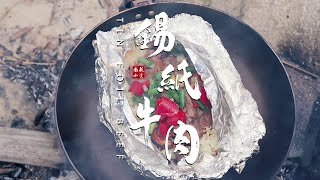 Outdoor beef with tin foil户外溪边锡纸牛肉新吃法，粉嫩入味，色香味俱全