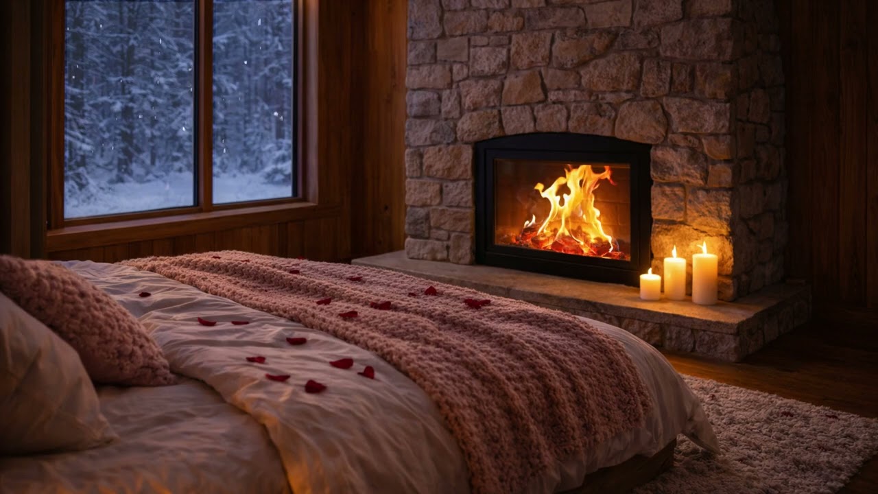 Winter Romance Bedroom 🛏️ Snowy Views & Cozy Fireplace for Relaxation
