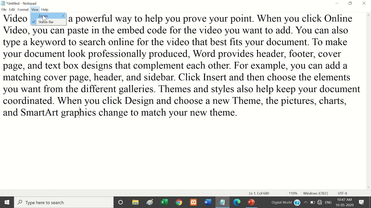 10. View Menu | Zoom | Status bar option in Notepad