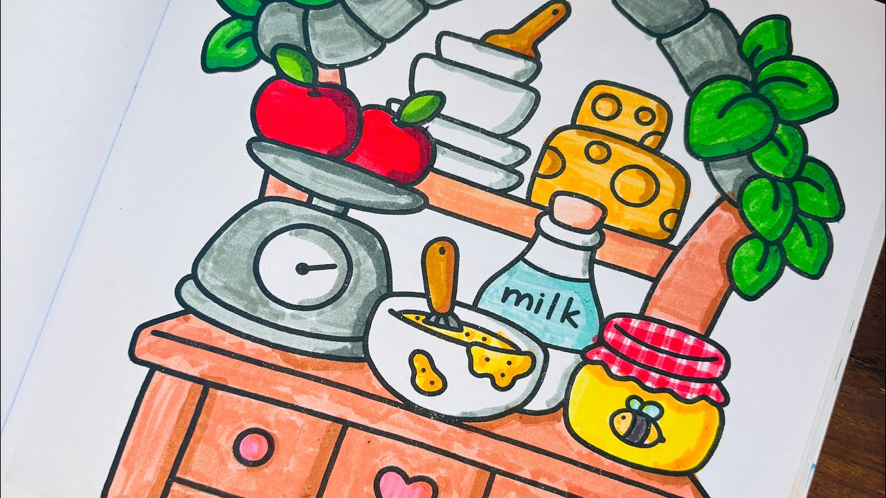 Dibujo muy lindo de una cocina con el libro HYGGE PLACE🍄